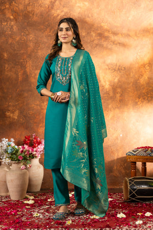 Hanch Marina Silk Embroidered Straight Kurti Set – Rama Green