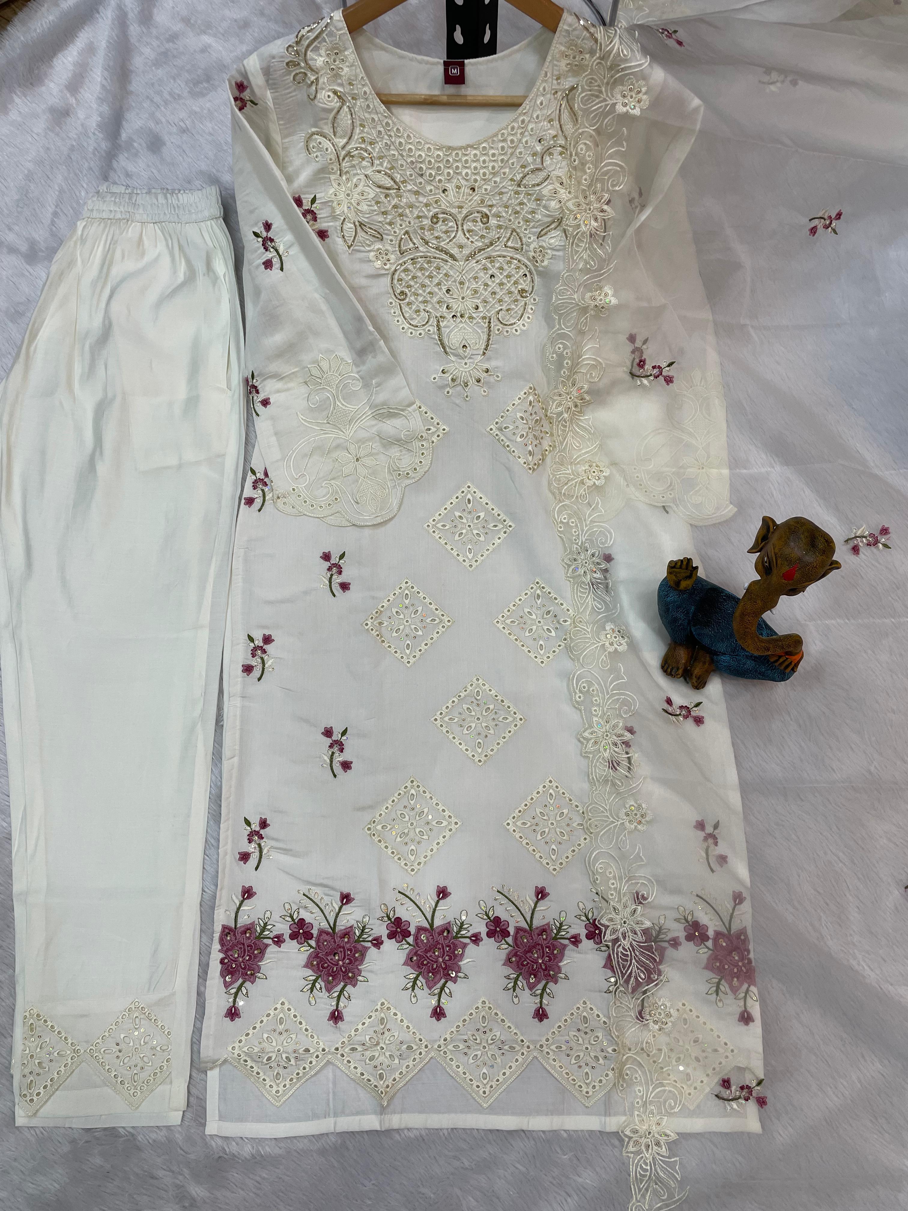 Hanch Heavy Viscose Roman Embroidered Straight Kurti Set – White