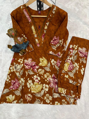 Hanch Pure Cotton Printed Co-Ords Set – Orange Brown