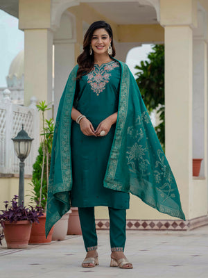 Hanch Premium Roman Silk Embroidered Straight Kurti Set – Rama Green