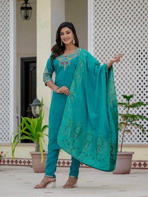 Hanch Premium Roman Silk Embroidered Straight Kurti Set – Firozi
