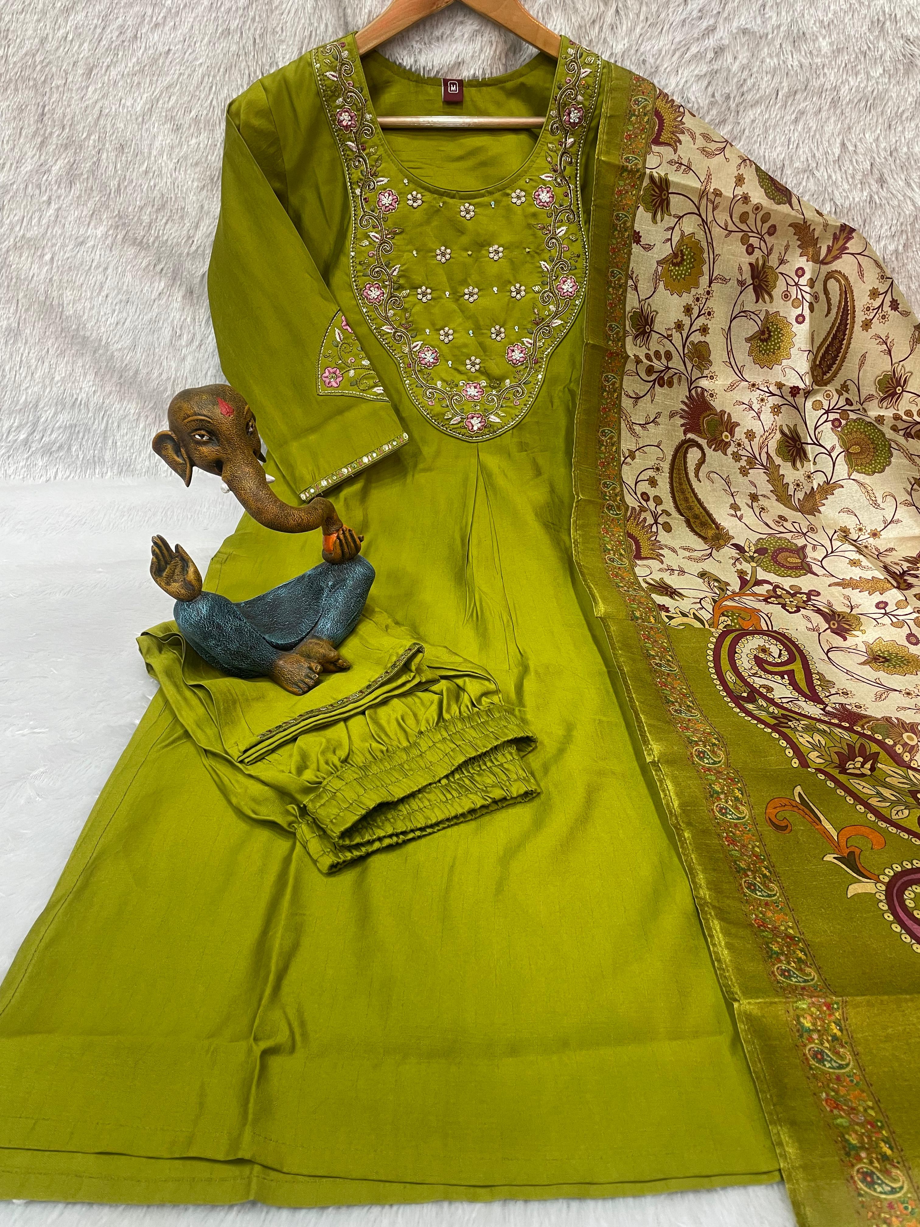 Hanch Premium Marina Silk Embroidered Straight Kurti Set – Parrot Green