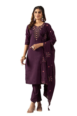 Hanch Roman Silk Embroidered Straight Kurti Set – Wine