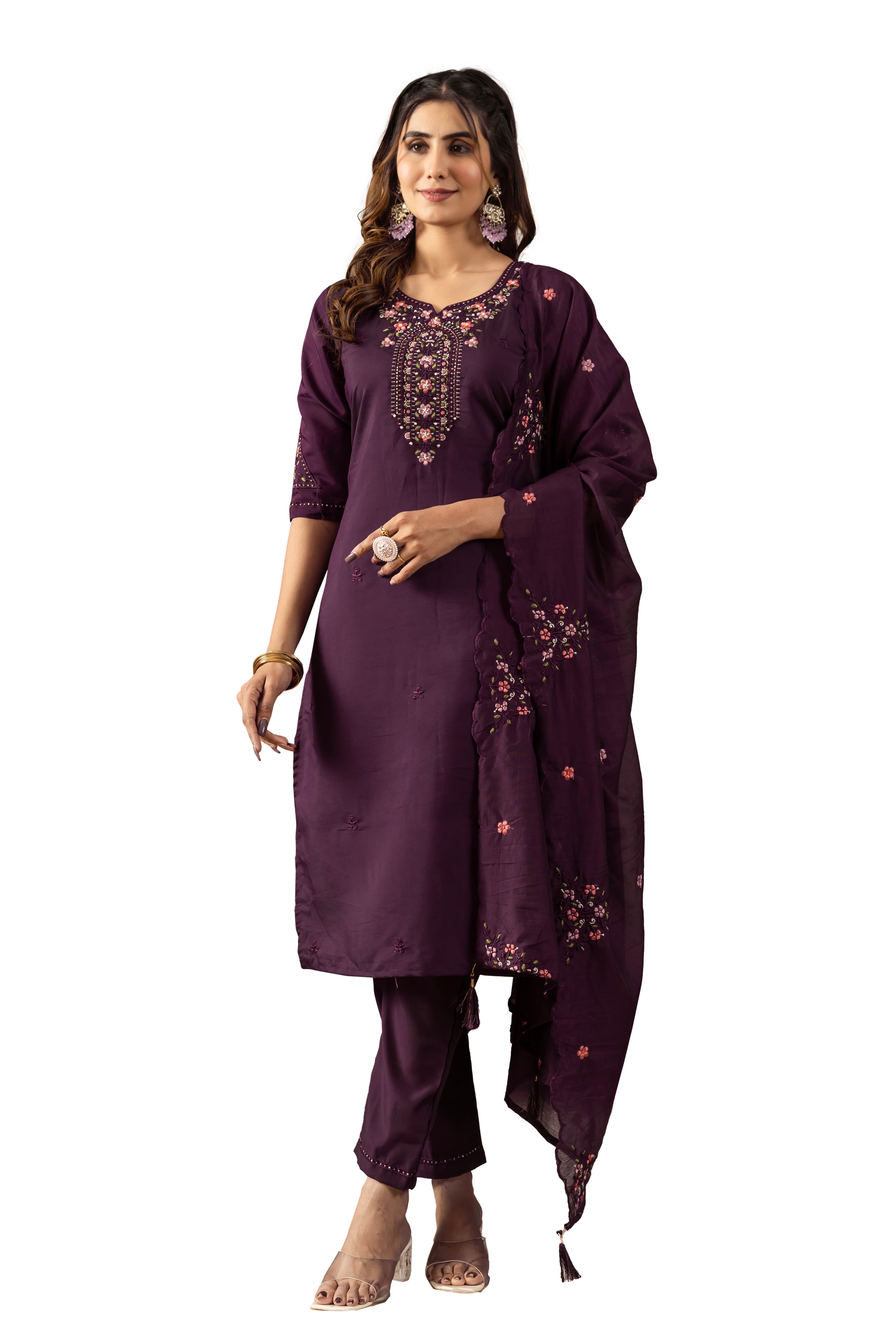 Hanch Roman Silk Embroidered Straight Kurti Set – Wine