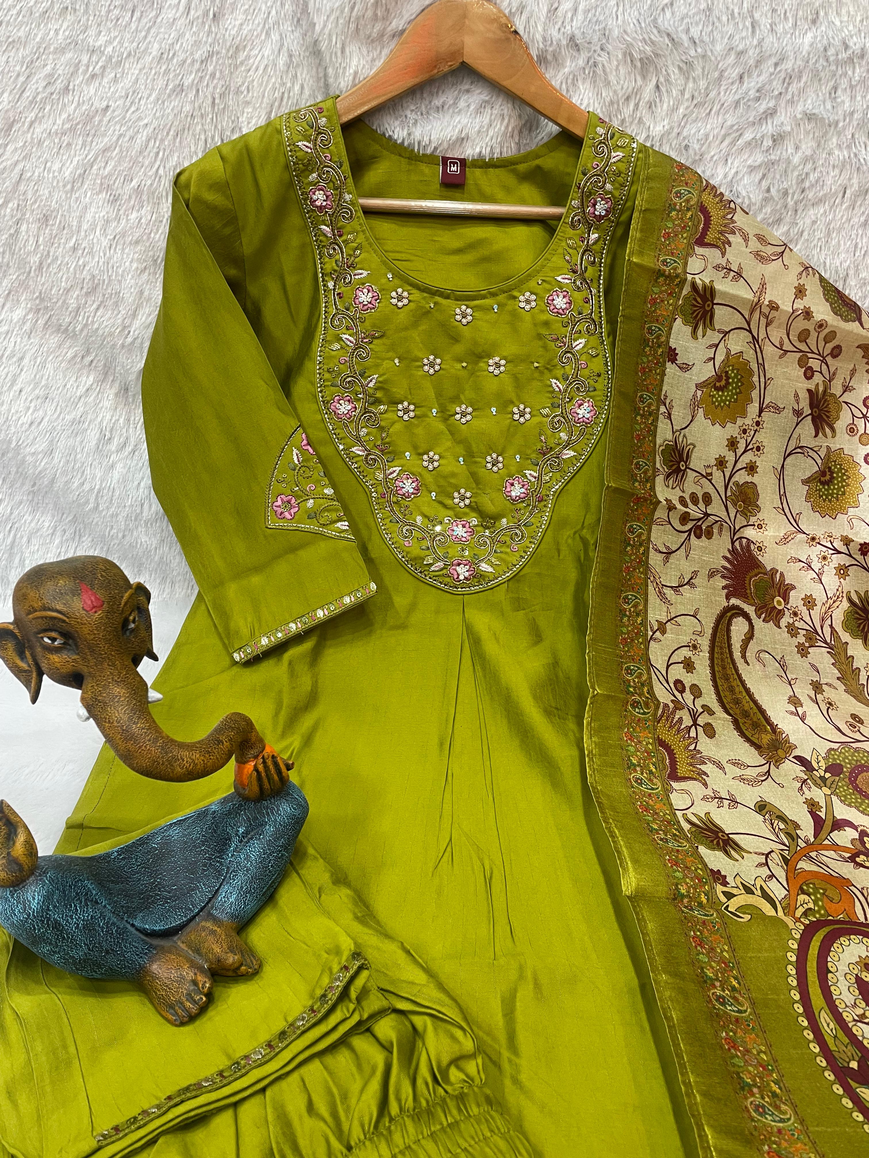 Hanch Premium Marina Silk Embroidered Straight Kurti Set – Parrot Green