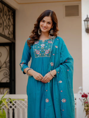 Hanch Pure Viscose Mango Silk Embroidered Straight Kurti Set – Firozi