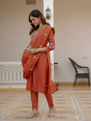 Hanch Pure Viscose Mango Silk Embroidered Straight Kurti Set – Rust