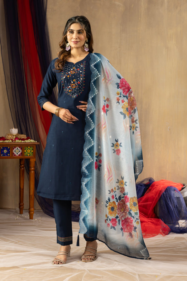 Hanch Viscose Mango Silk Embroidered Straight Kurti Set – Navy Blue