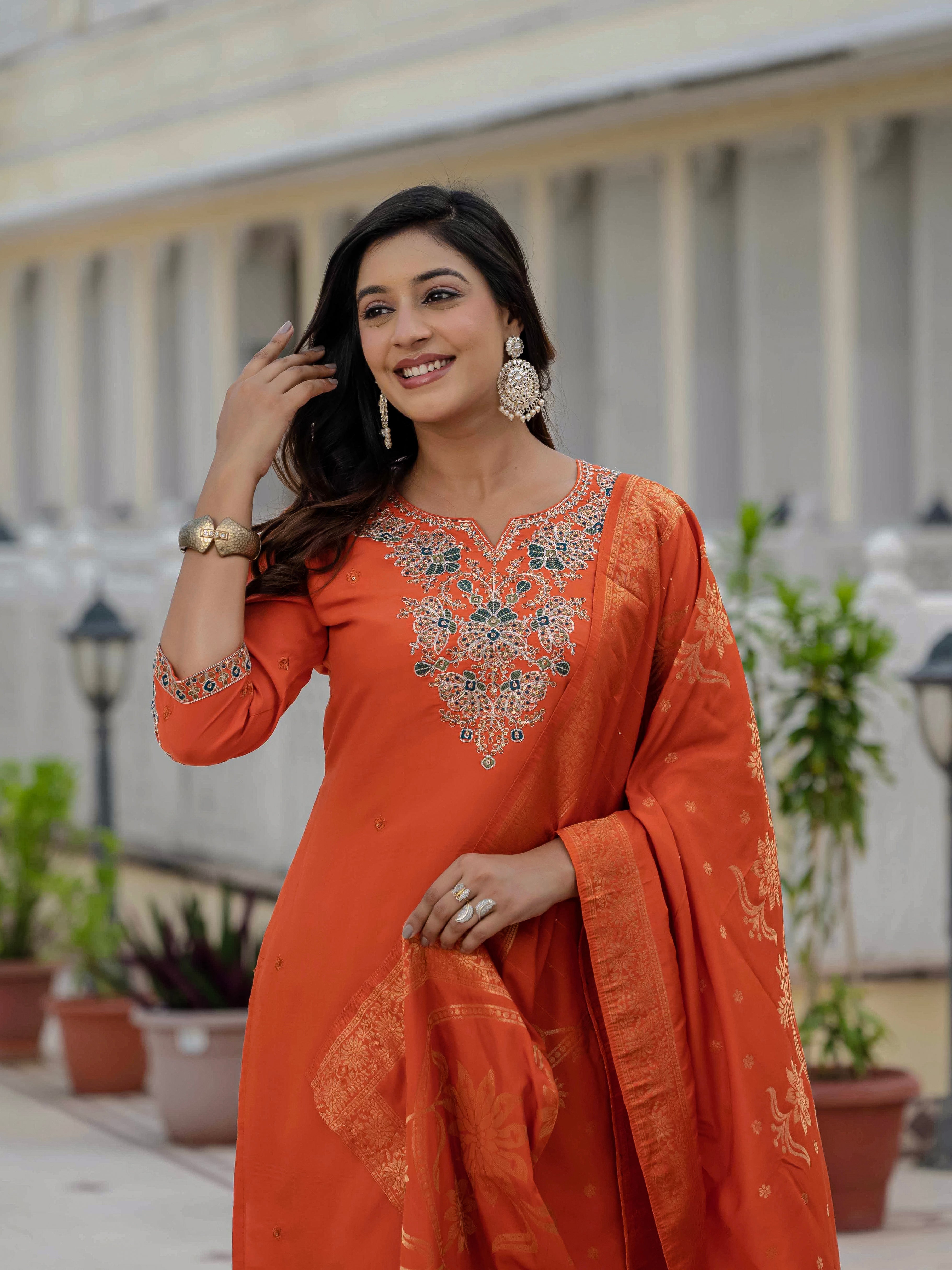 Hanch Premium Roman Silk Embroidered Straight Kurti Set – Orange