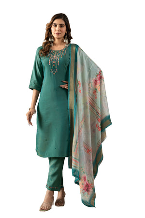 Hanch Shimmer Gold Silk Embroidered Straight Kurti Set – Rama Green
