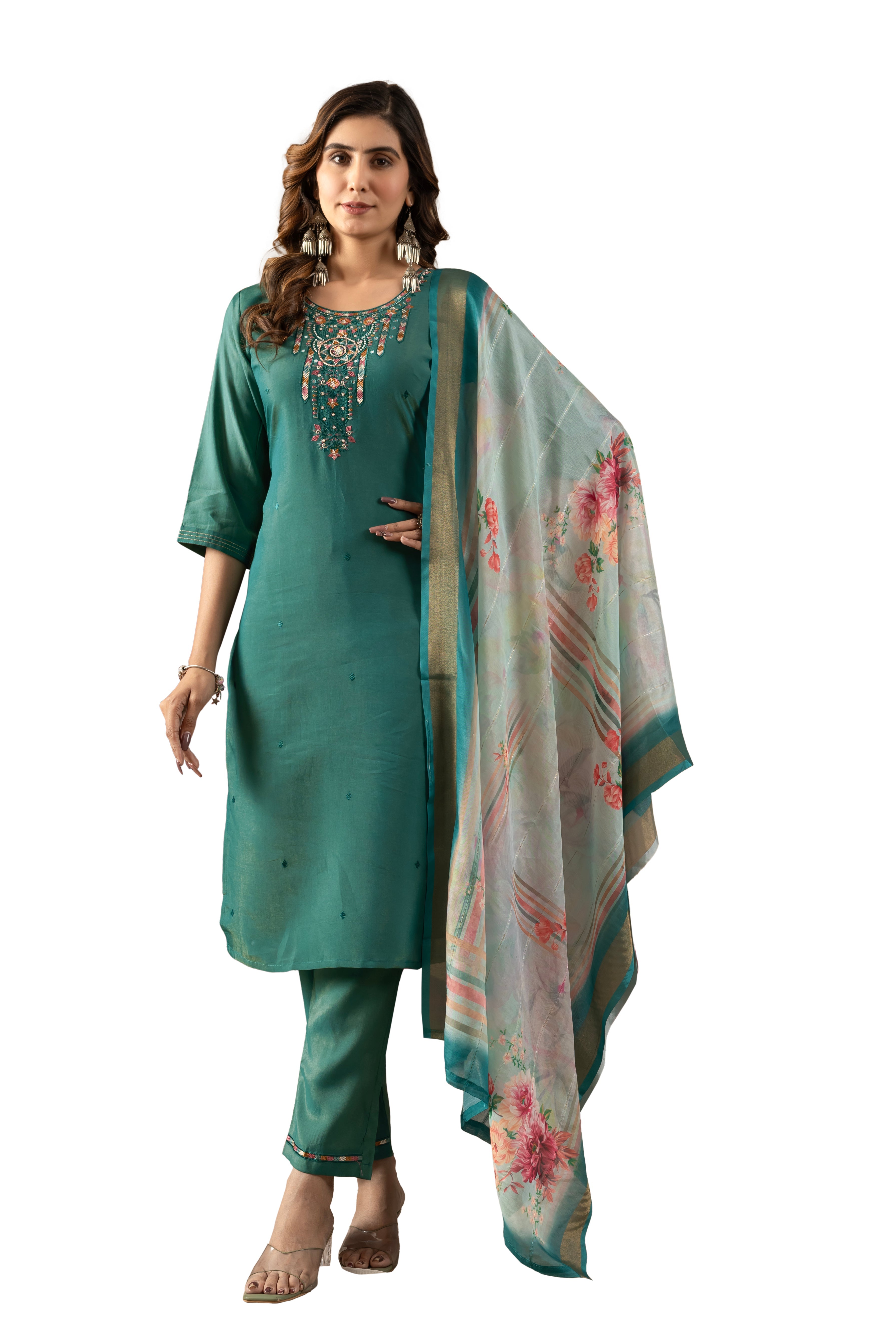 Hanch Shimmer Gold Silk Embroidered Straight Kurti Set – Rama Green