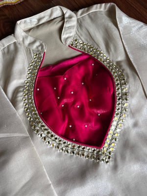 Hanch Roman Glass Silk Embroidered Kurti + Blouse + Palazzo Set – Ivory & Rani Pink