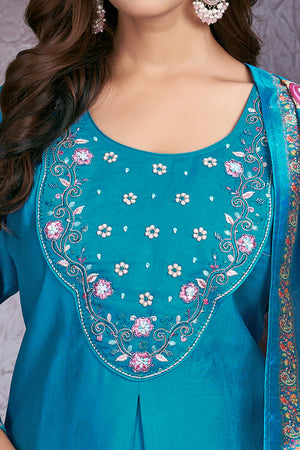 Hanch Premium Marina Silk Embroidered Straight Kurti Set – Firozi