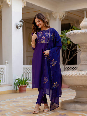 Hanch Pure Viscose Mango Silk Embroidered Straight Kurti Set – Violet