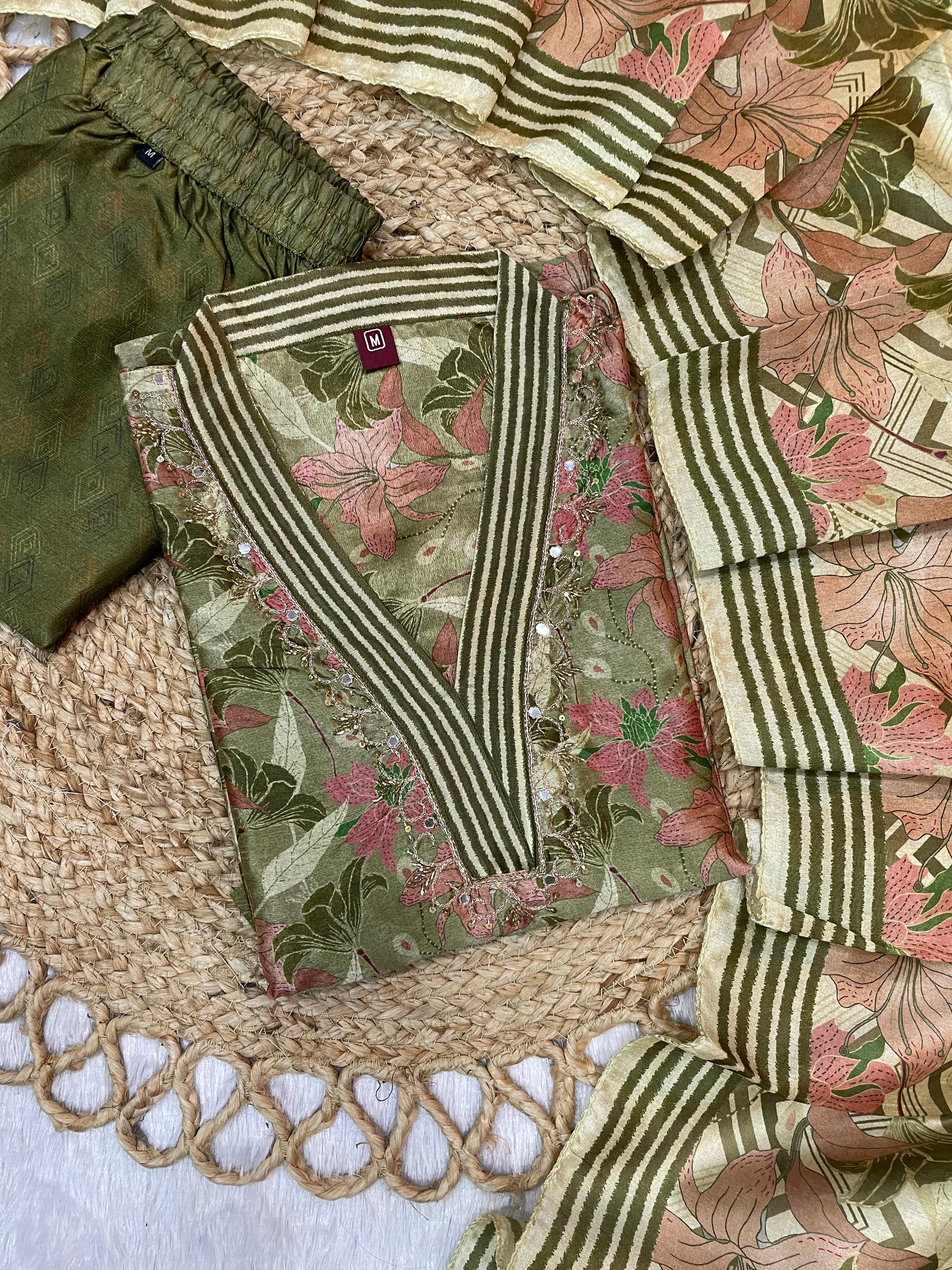 Hanch Zarna Silk Embroidered Straight Kurti Set – Mehndi Green