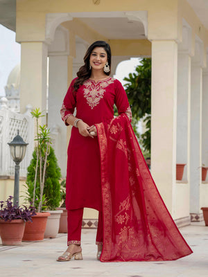 Hanch Premium Roman Silk Embroidered Straight Kurti Set – Maroon