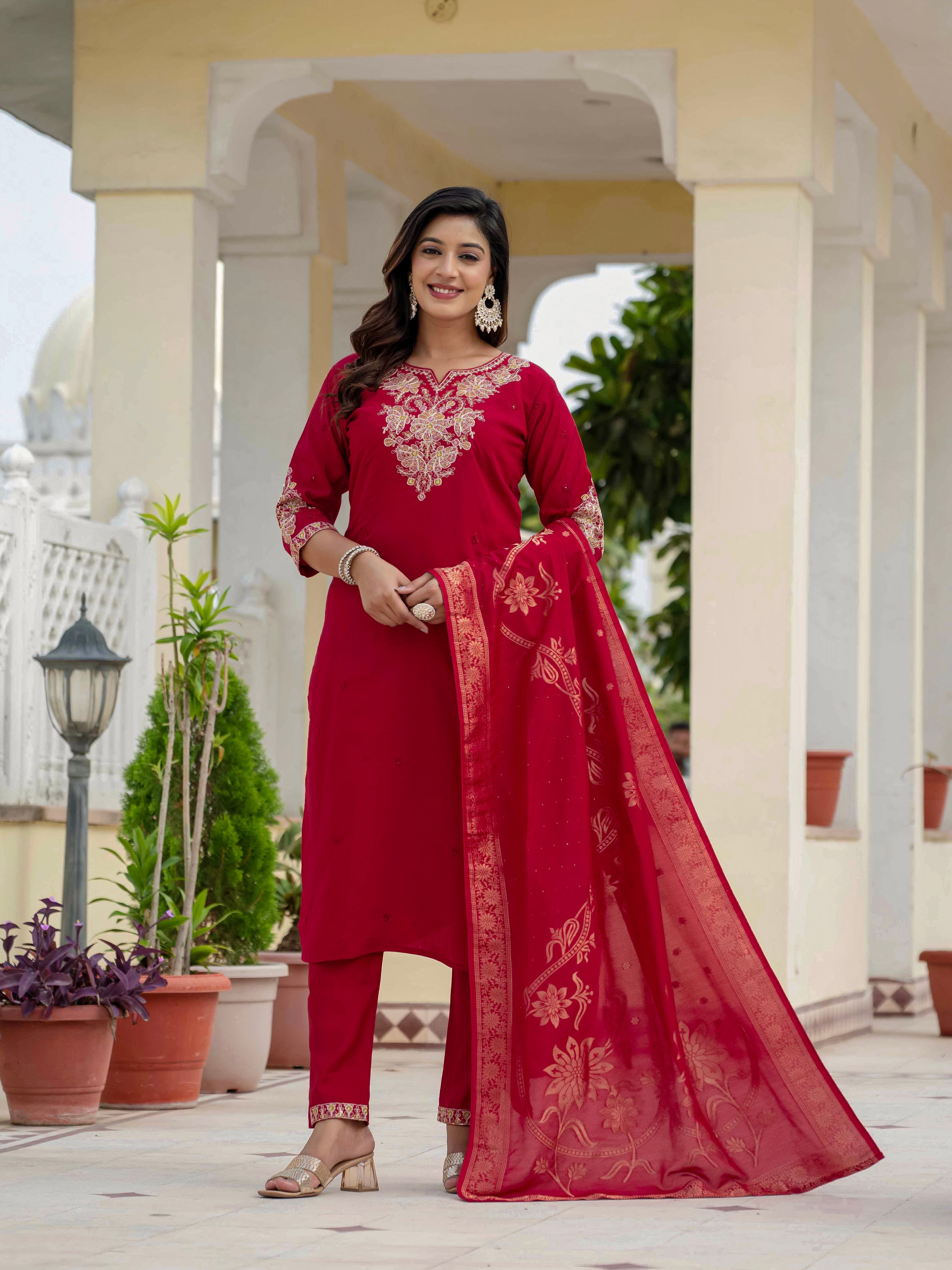 Hanch Premium Roman Silk Embroidered Straight Kurti Set – Maroon