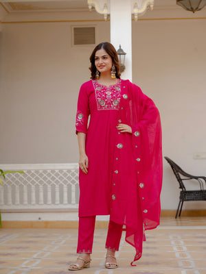 Hanch Pure Viscose Mango Silk Embroidered Straight Kurti Set – Pink