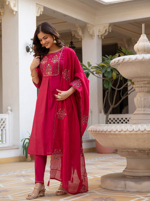 Hanch Pure Viscose Mango Silk Embroidered Straight Kurti Set – Pink
