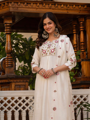 Hanch Pure Viscose Mango Silk Embroidered Straight Kurti Set – White