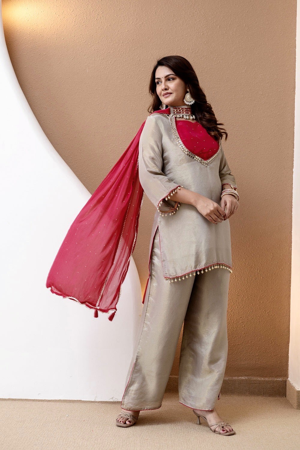 Hanch Roman Glass Silk Embroidered Kurti + Blouse + Palazzo Set – Ivory & Rani Pink