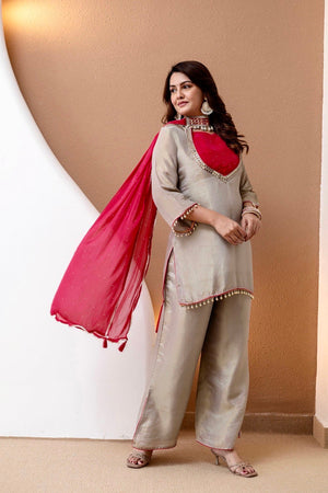 Hanch Roman Glass Silk Embroidered Kurti + Blouse + Palazzo Set – Ivory & Rani Pink