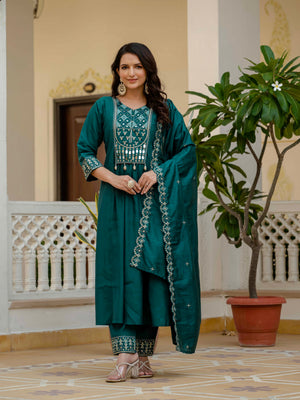 Hanch Viscose Roman Silk Embroidered Anarkali Kurti Set – Teal