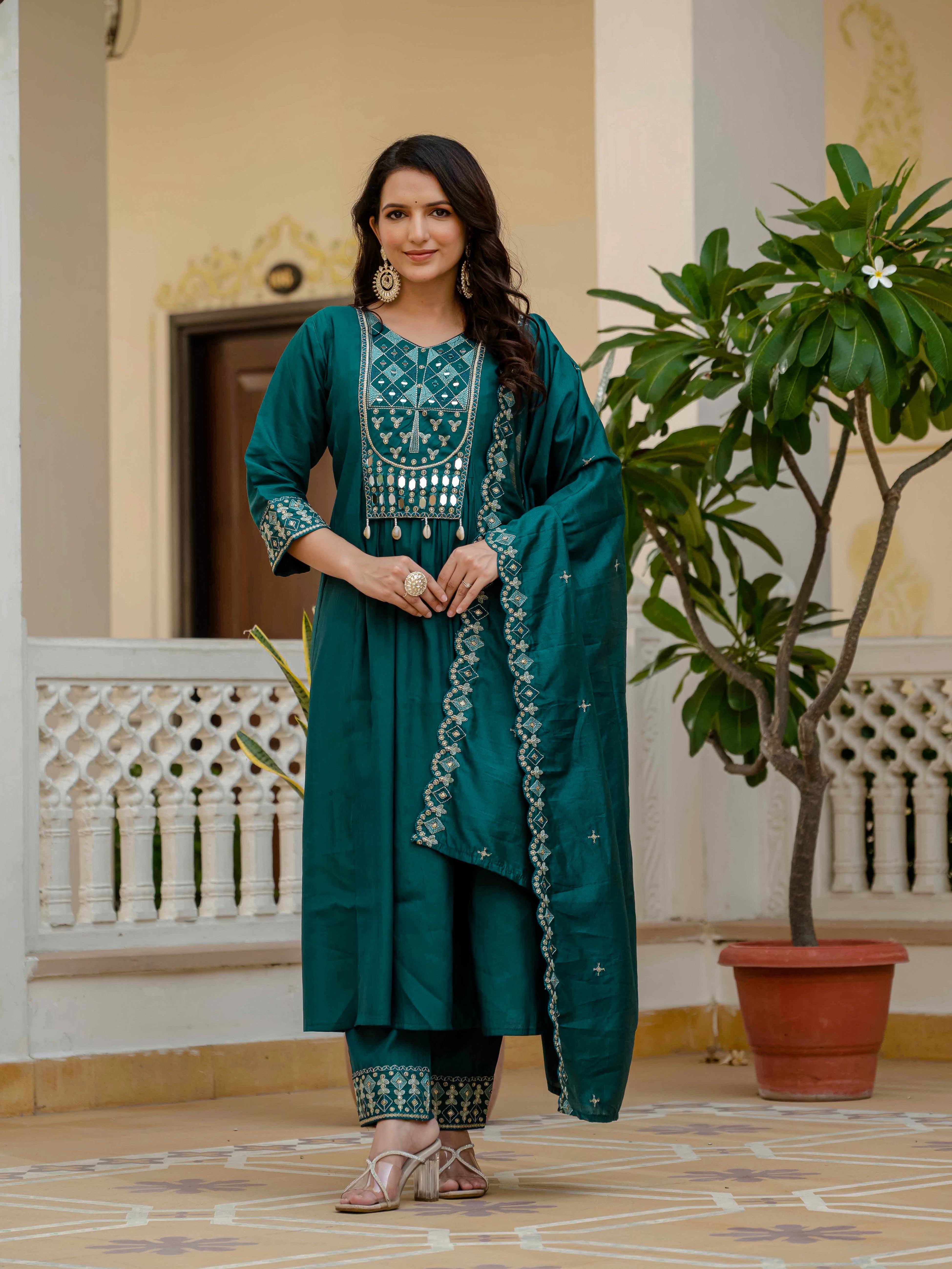 Hanch Viscose Roman Silk Embroidered Anarkali Kurti Set – Teal