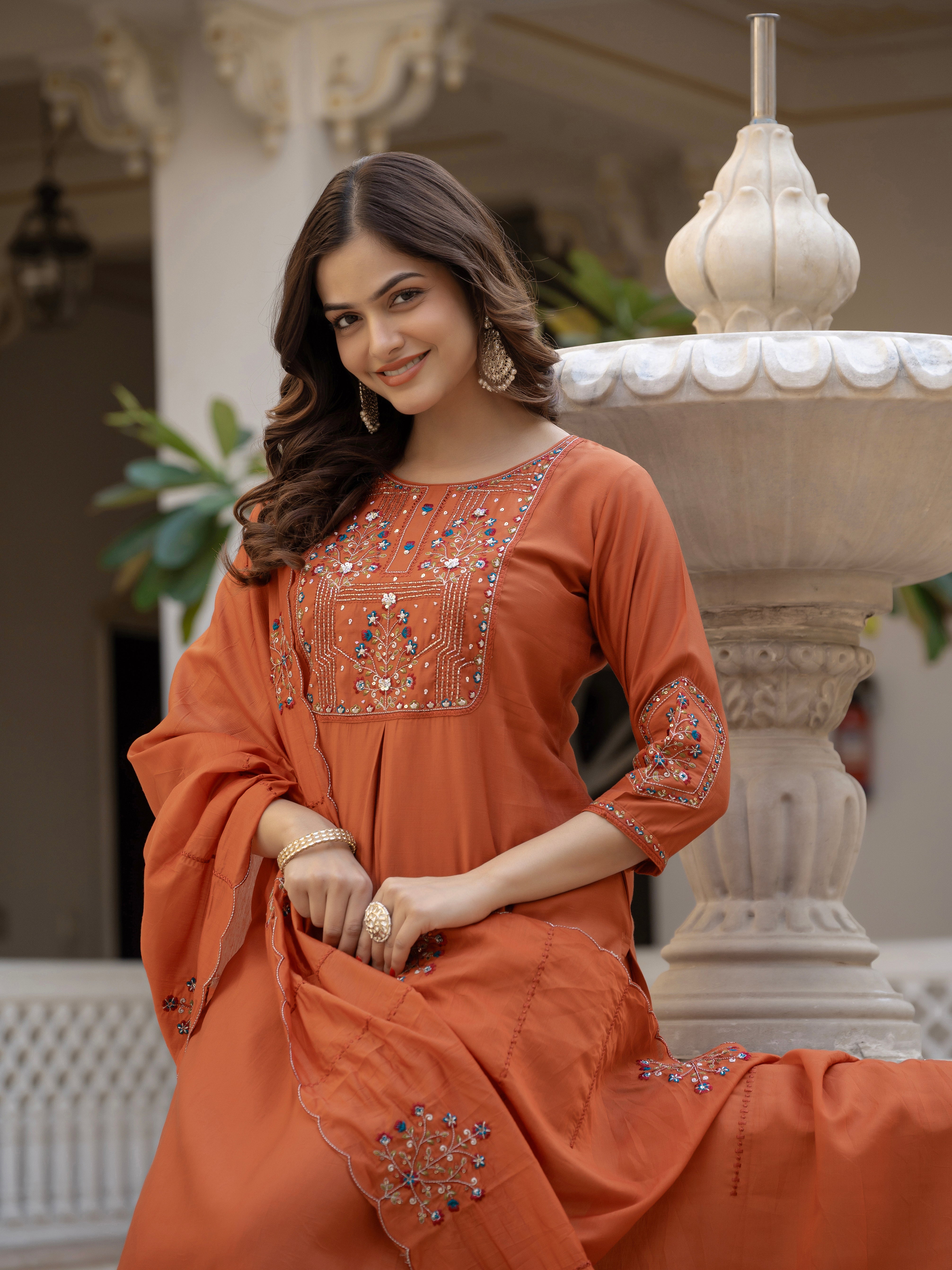 Hanch Pure Viscose Mango Silk Embroidered Straight Kurti Set – Rust