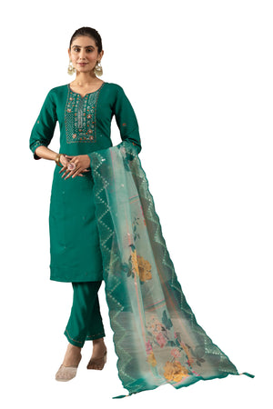 Hanch Roman Silk Embroidered Straight Kurti Set – Rama Green