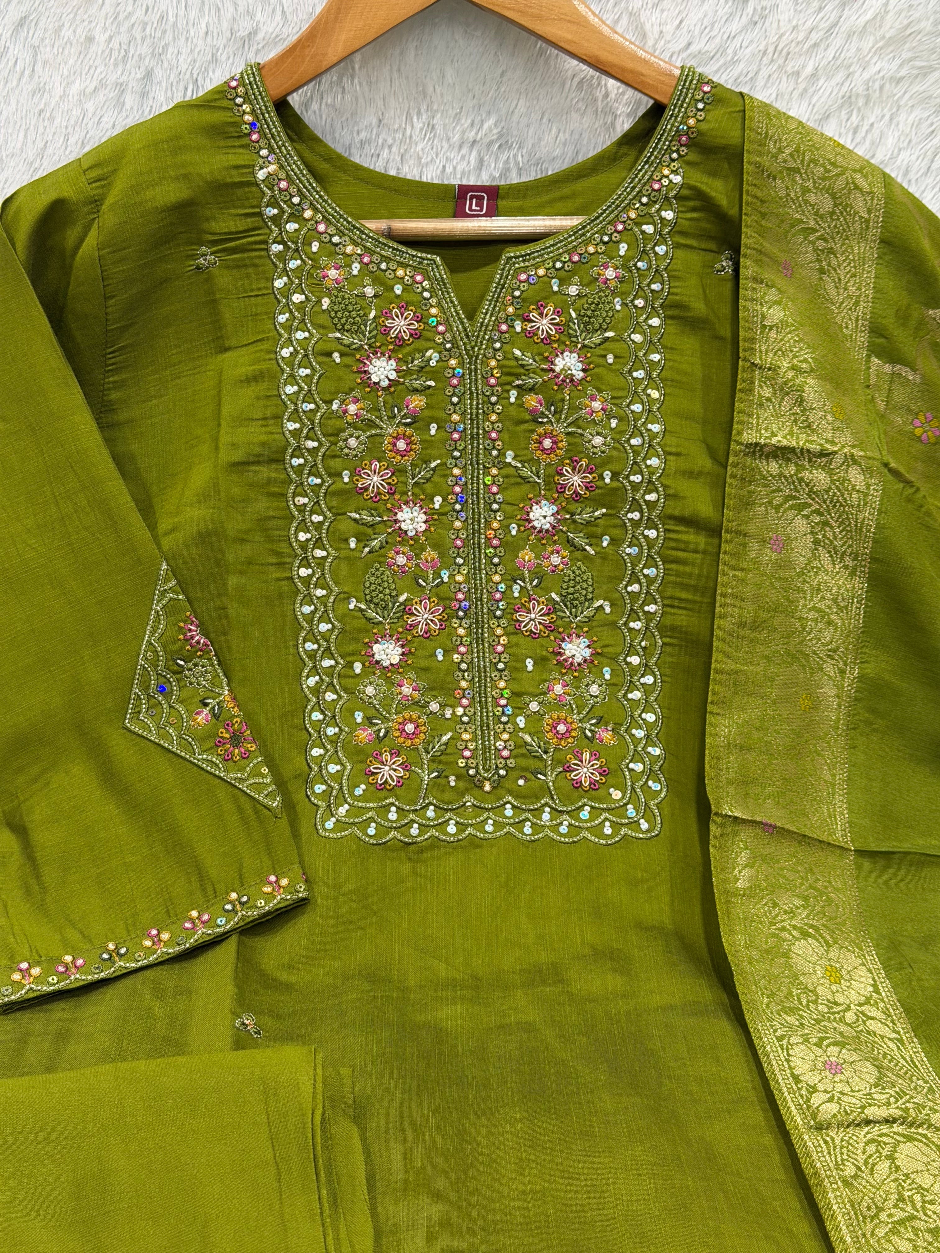 Hanch Pure Viscose Mango Silk Embroidered Straight Kurti Set – Mehndi