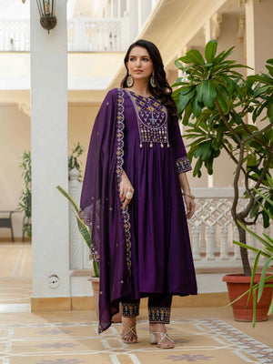 Hanch Viscose Roman Silk Embroidered Anarkali Kurti Set – Purple