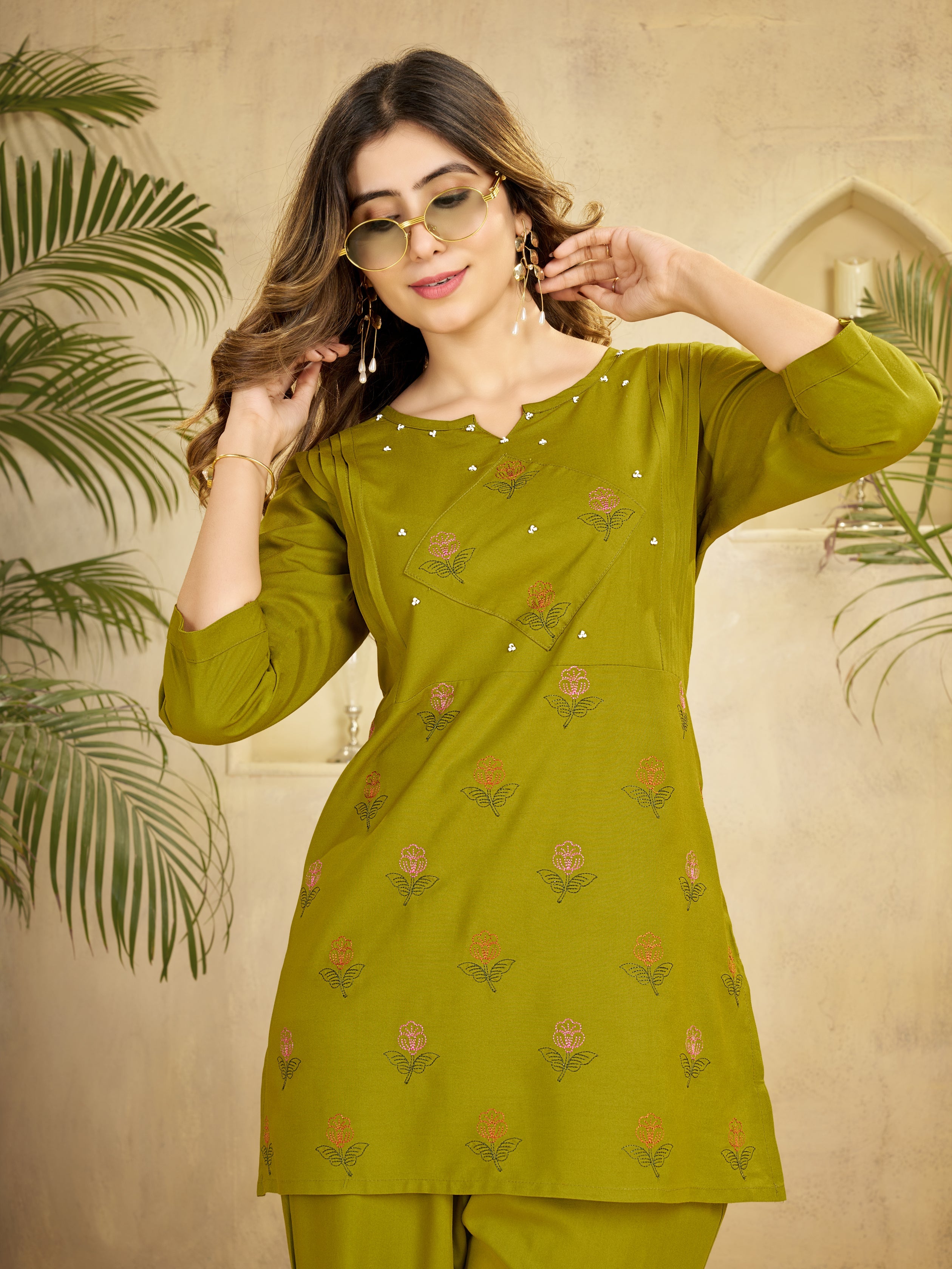 Hanch Heavy Rayon Embroidered Co-Ords Set – Mehndi