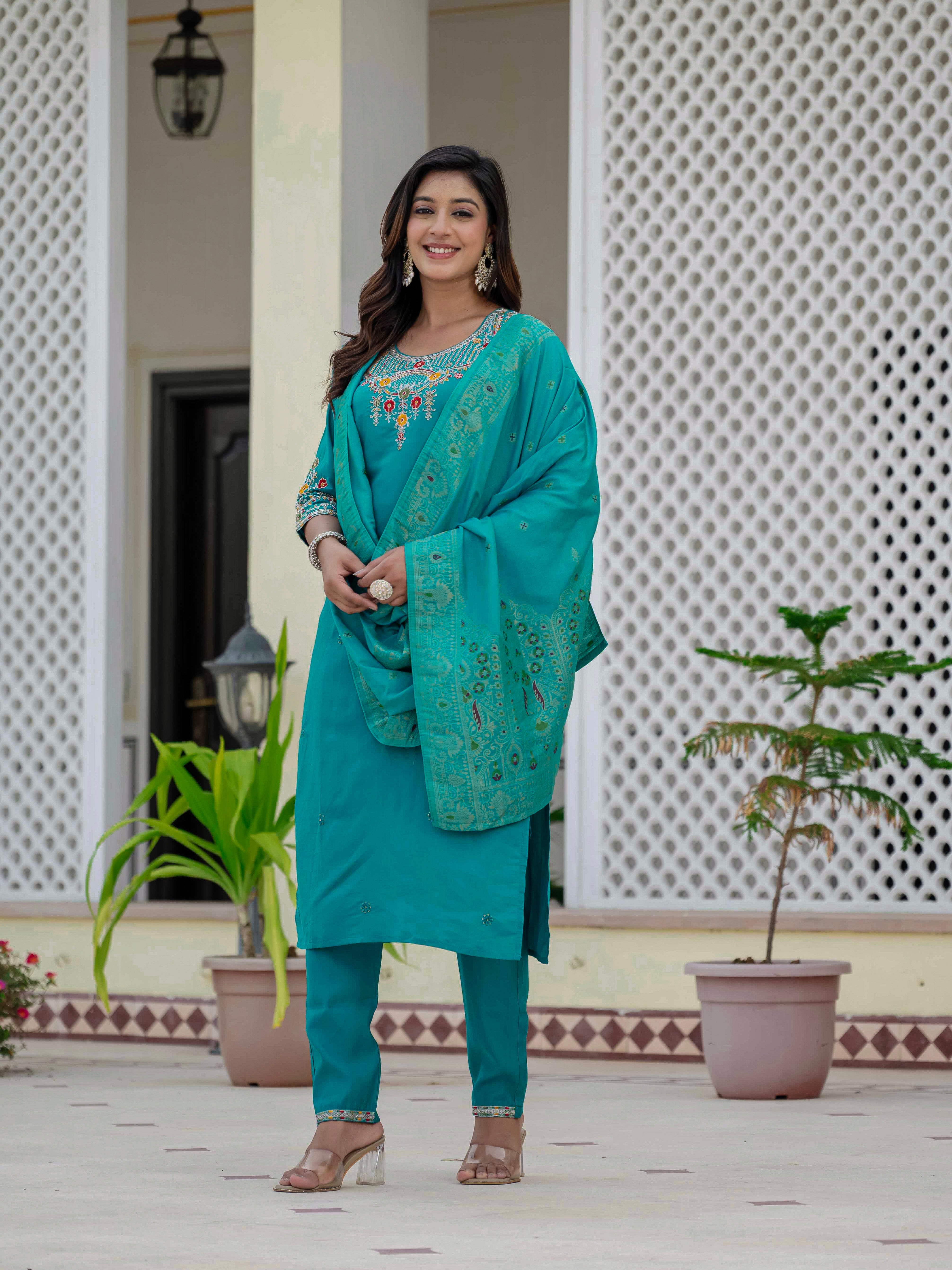 Hanch Premium Roman Silk Embroidered Straight Kurti Set – Firozi