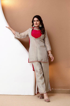 Hanch Roman Glass Silk Embroidered Kurti + Blouse + Palazzo Set – Ivory & Rani Pink