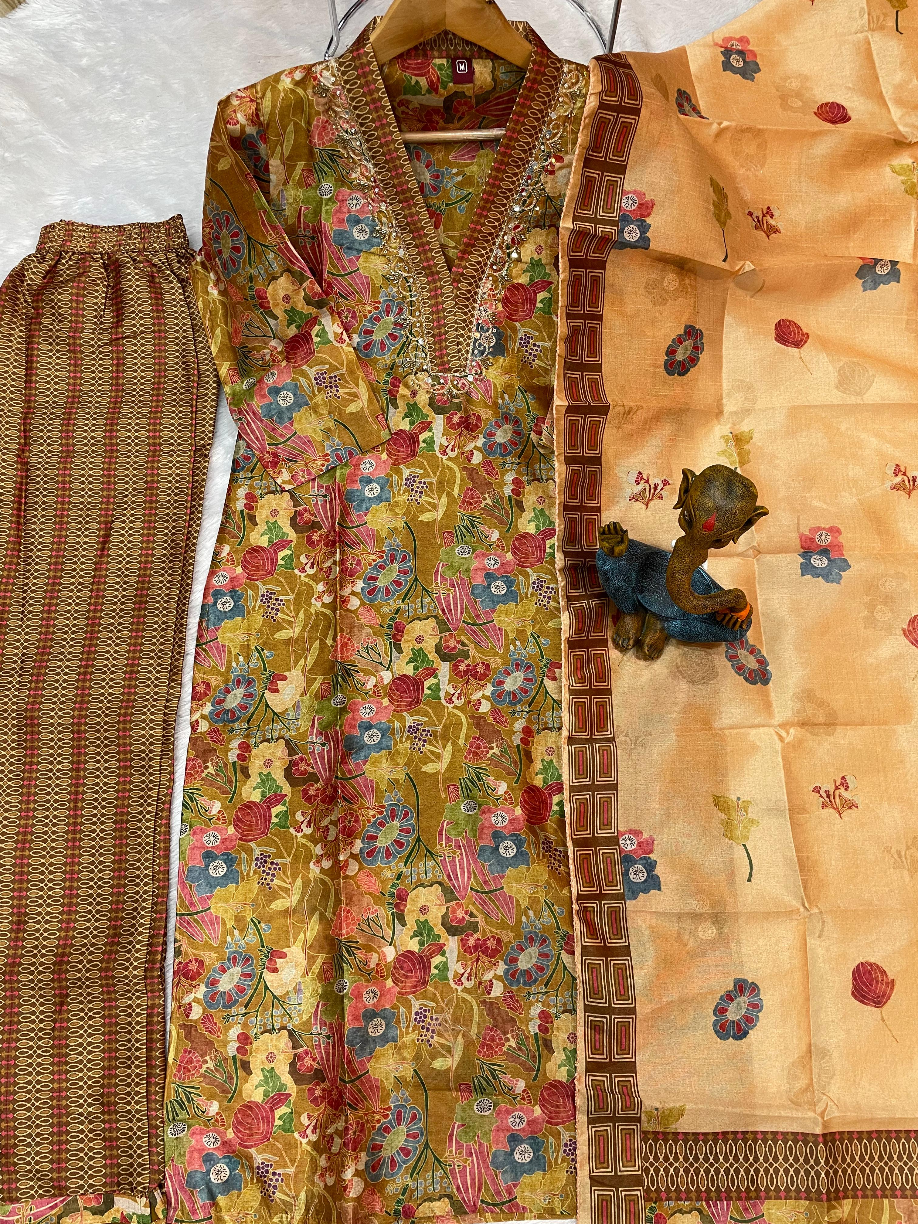 Hanch Zarna Silk Embroidered Straight Kurti Set – Cocoa Brown