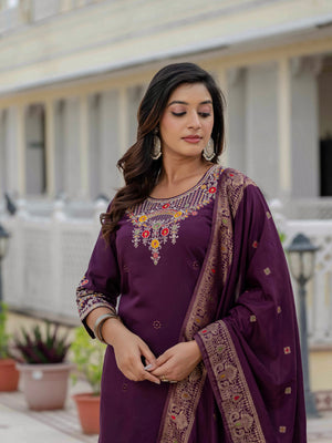 Hanch Premium Roman Silk Embroidered Straight Kurti Set – Wine