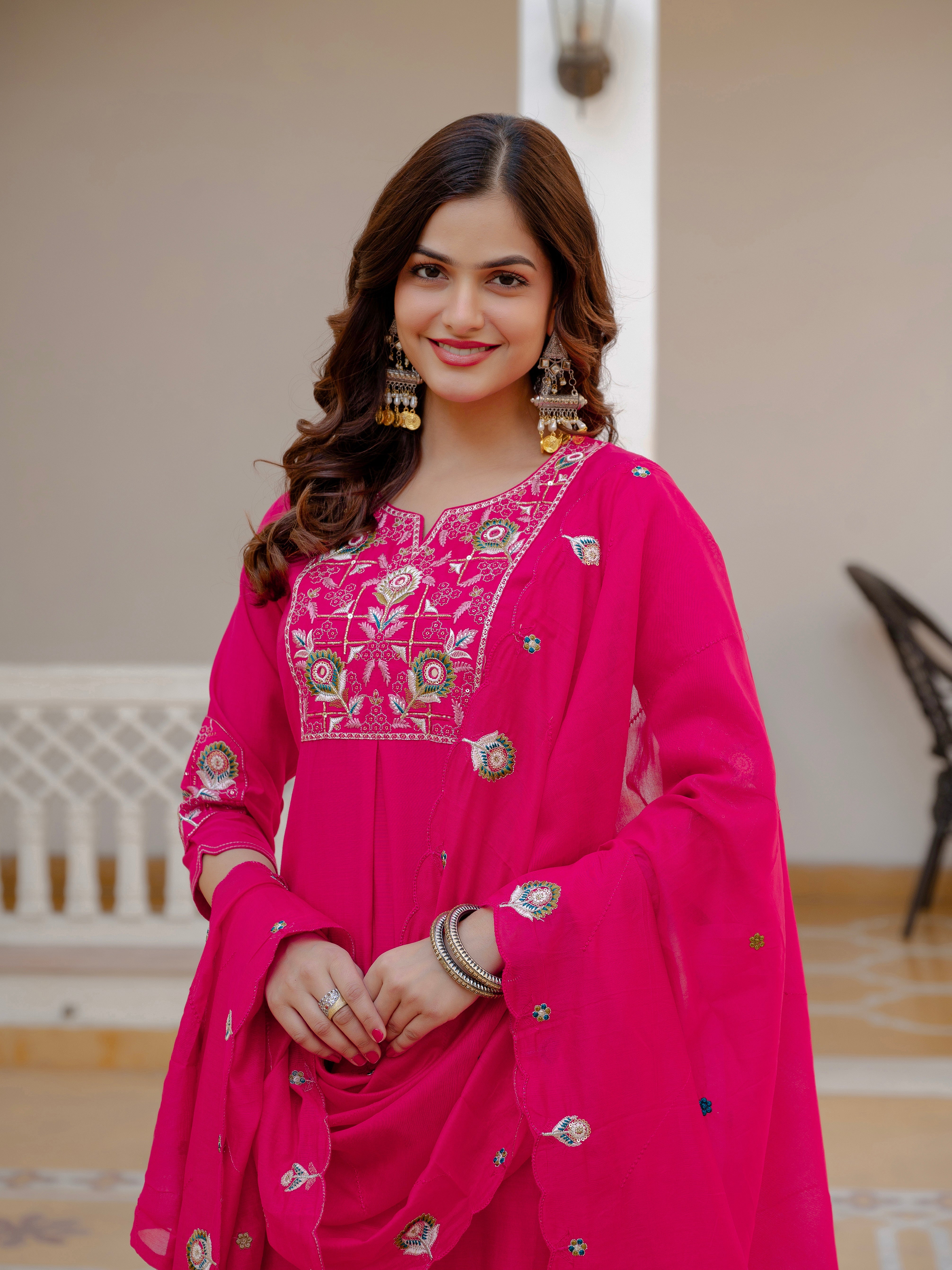 Hanch Pure Viscose Mango Silk Embroidered Straight Kurti Set – Pink