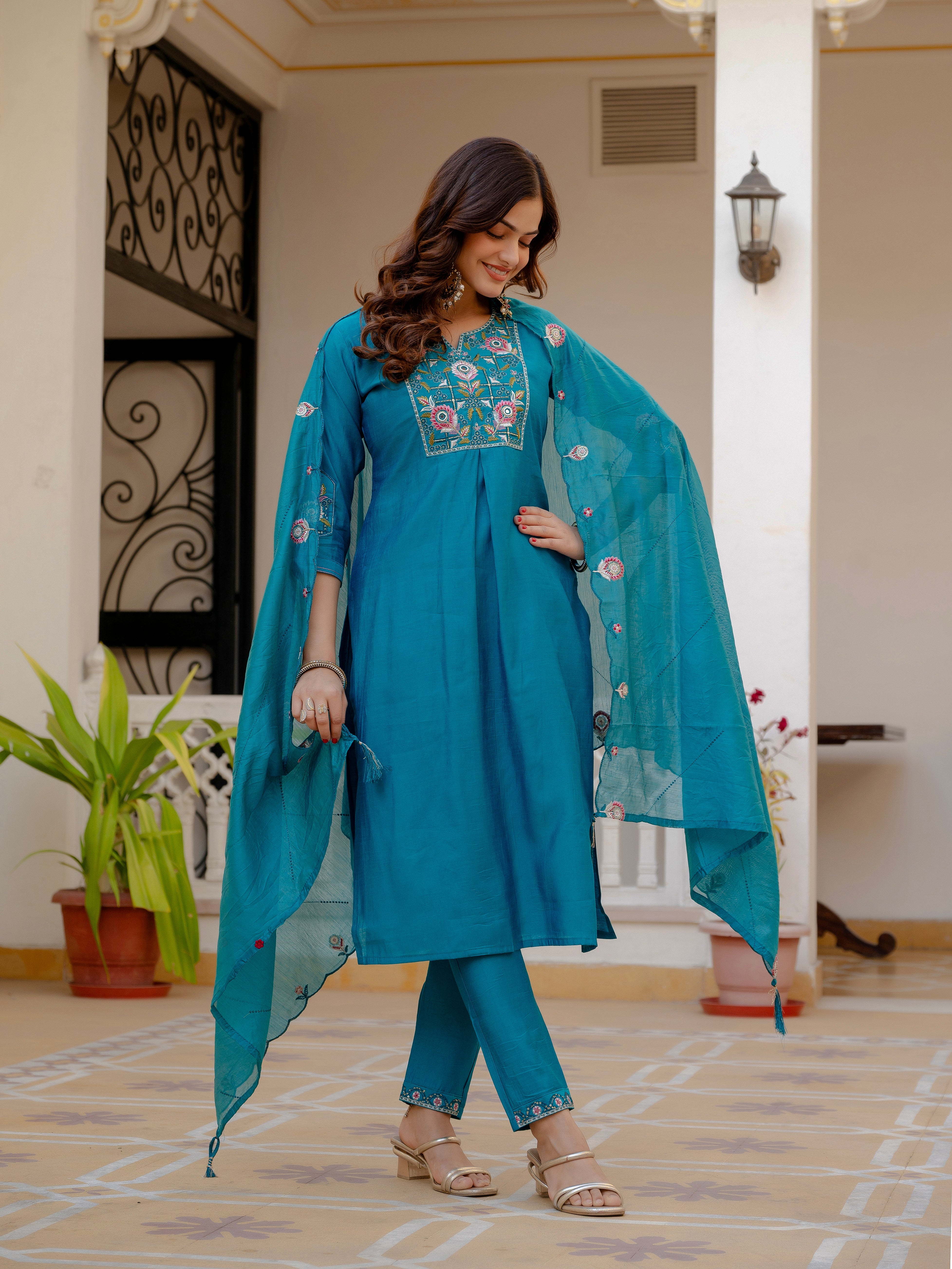 Hanch Pure Viscose Mango Silk Embroidered Straight Kurti Set – Firozi