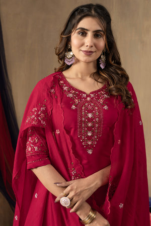 Hanch Roman Silk Embroidered Straight Kurti Set – Rani Pink