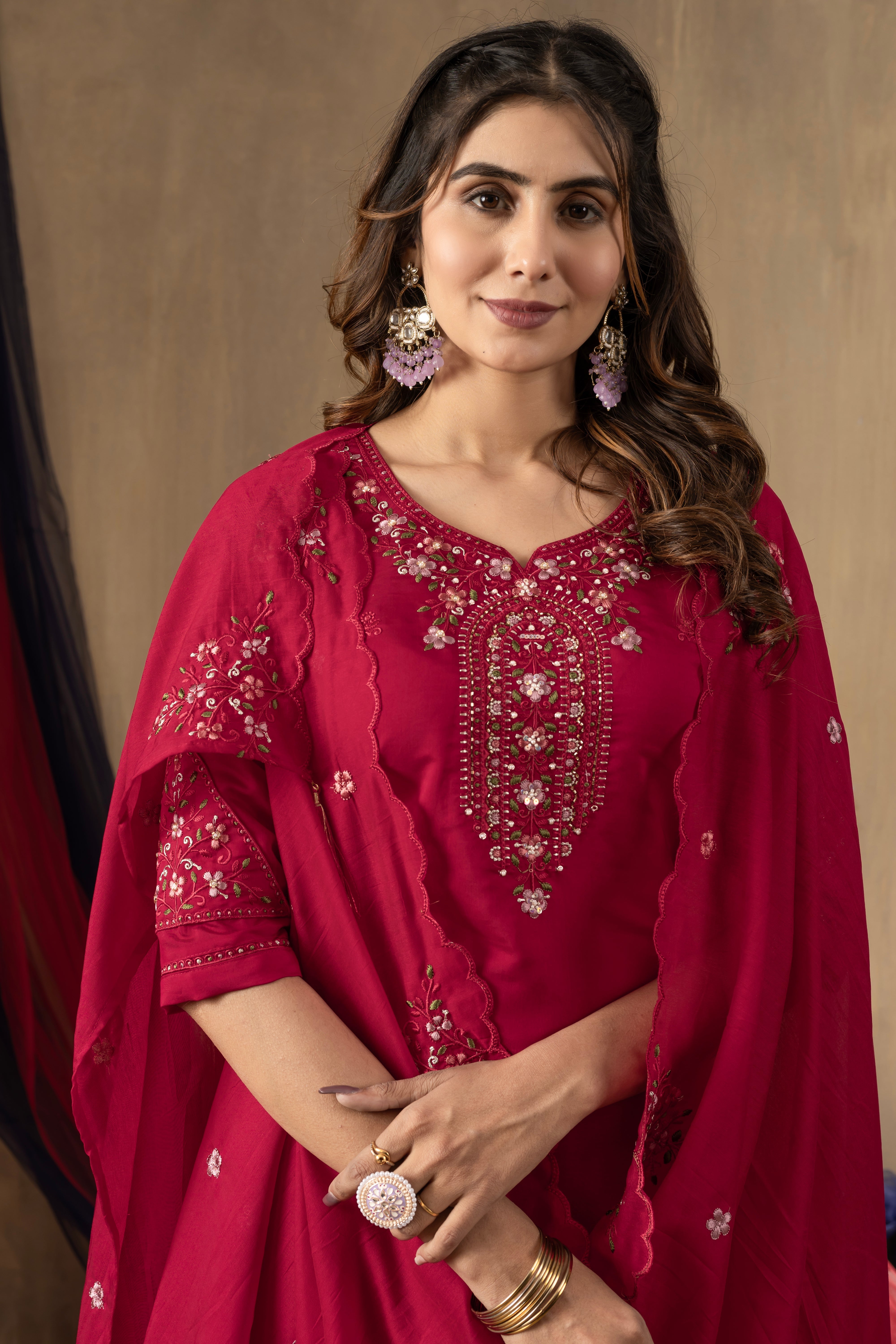 Hanch Roman Silk Embroidered Straight Kurti Set – Rani Pink