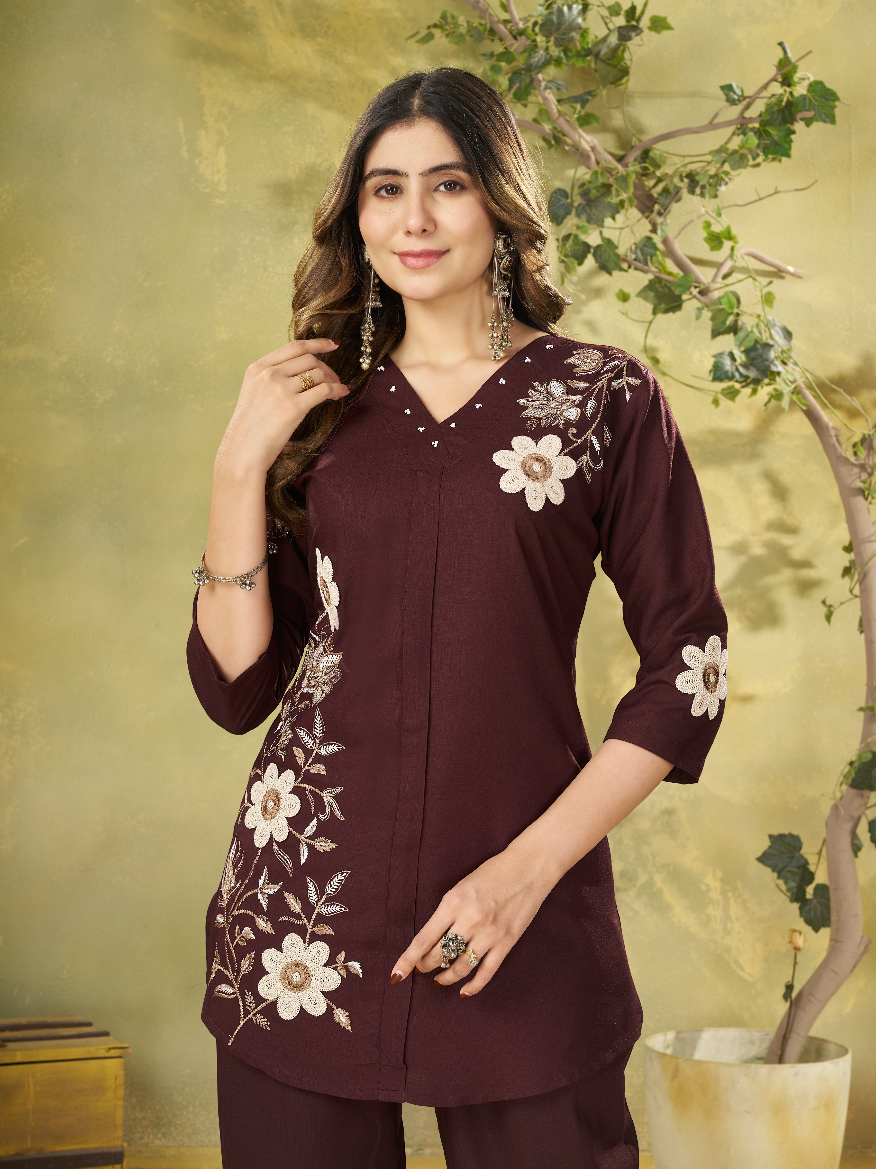 Hanch Heavy Rayon Embroidered Co-Ords Set – Wine