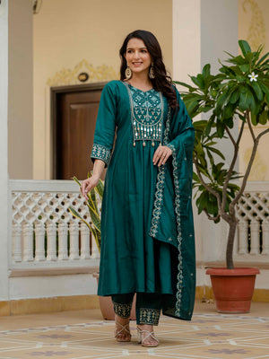Hanch Viscose Roman Silk Embroidered Anarkali Kurti Set – Teal