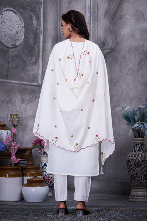 Hanch Roman Silk Embroidered Straight Kurti Set – White