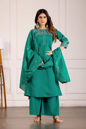 Hanch Viscose Mango Silk Embroidered Anarkali Kurti Set – Rama Green