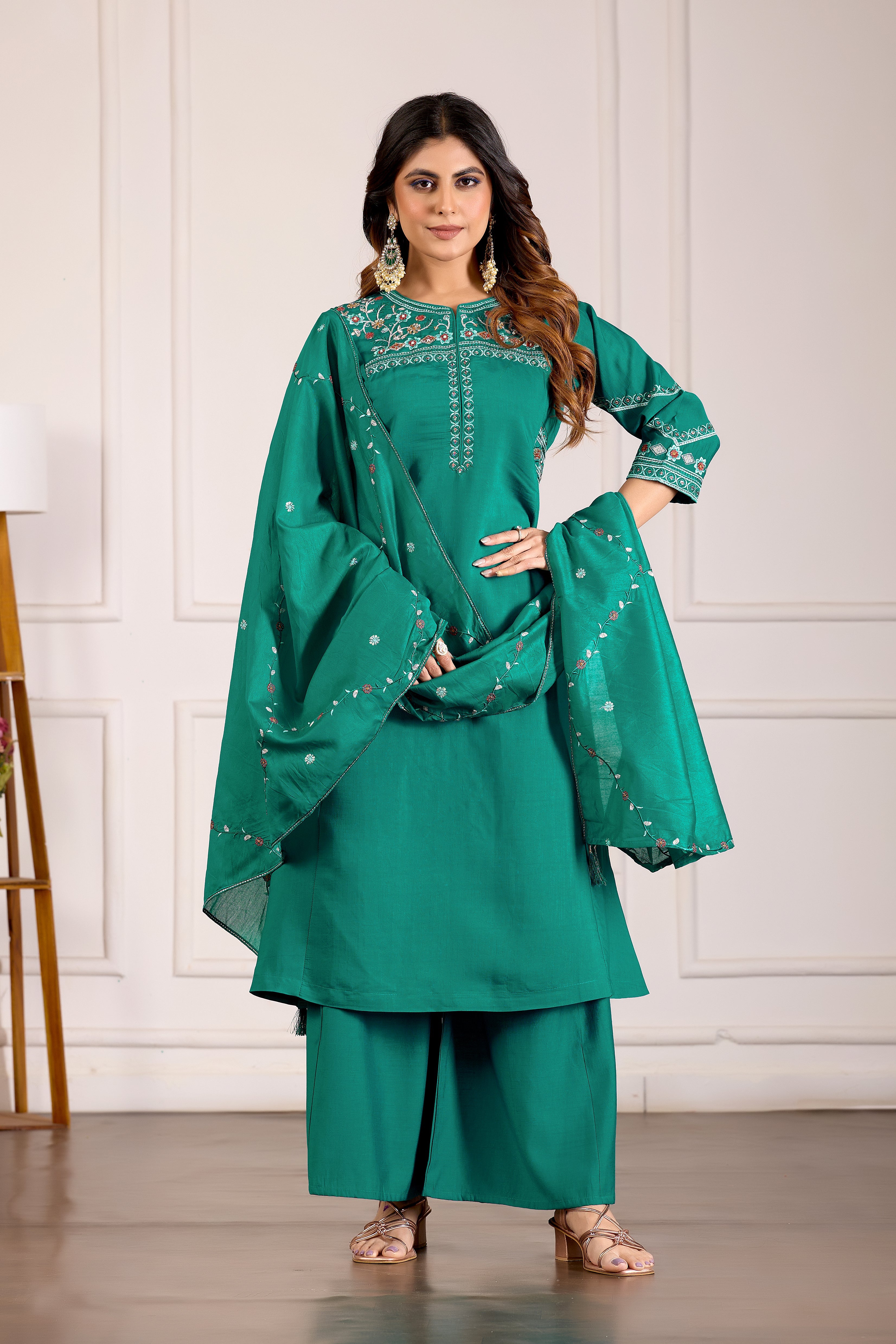 Hanch Viscose Mango Silk Embroidered Anarkali Kurti Set – Rama Green