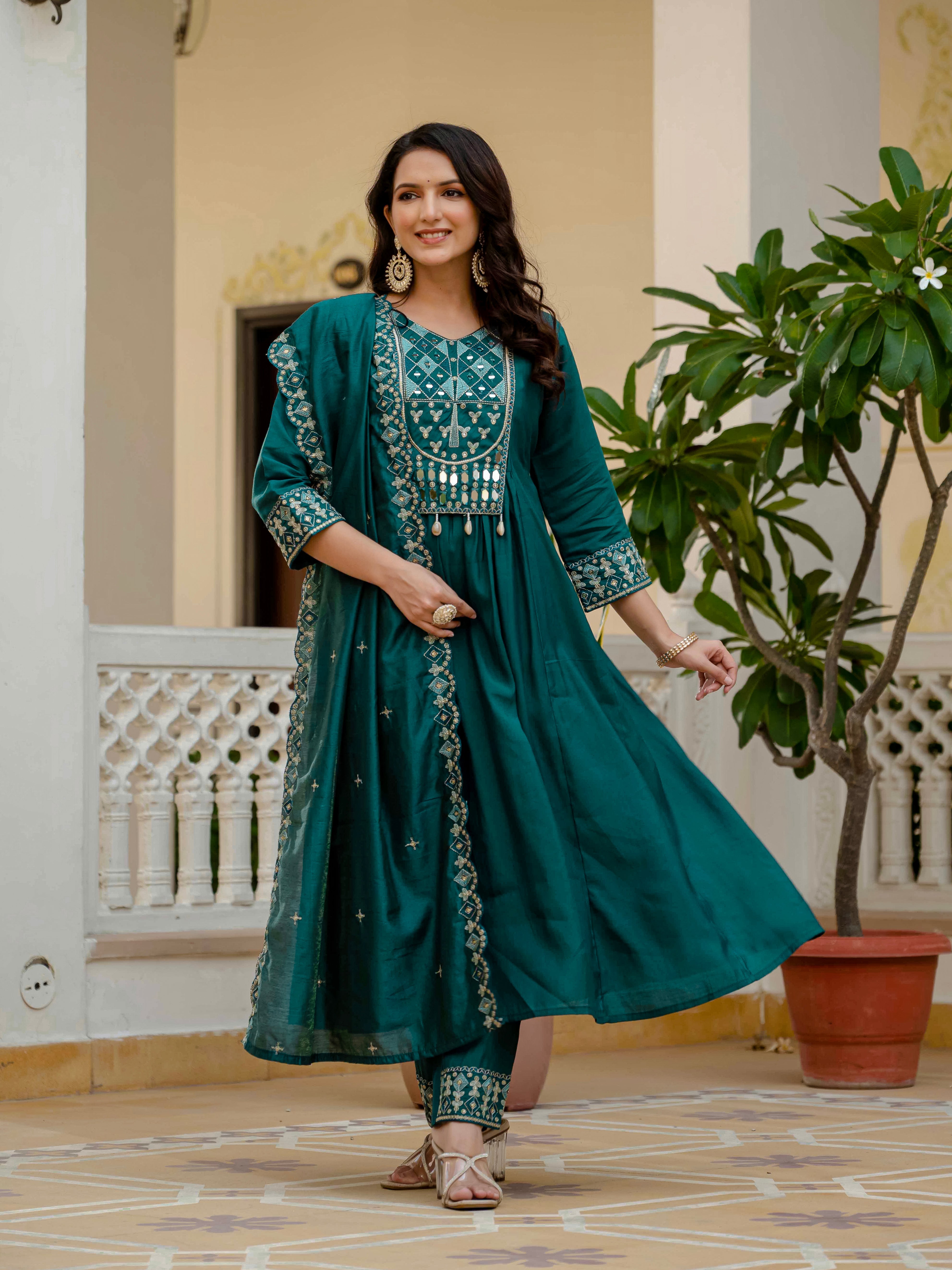 Hanch Viscose Roman Silk Embroidered Anarkali Kurti Set – Teal