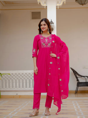 Hanch Pure Viscose Mango Silk Embroidered Straight Kurti Set – Pink