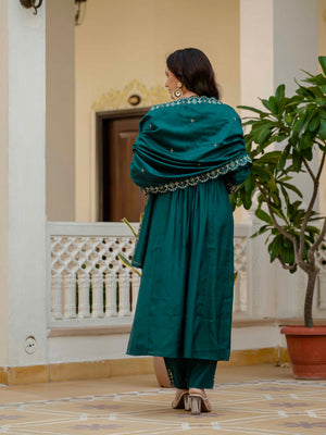 Hanch Viscose Roman Silk Embroidered Anarkali Kurti Set – Teal