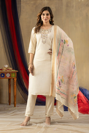 Hanch Shimmer Gold Silk Embroidered Straight Kurti Set – Off White